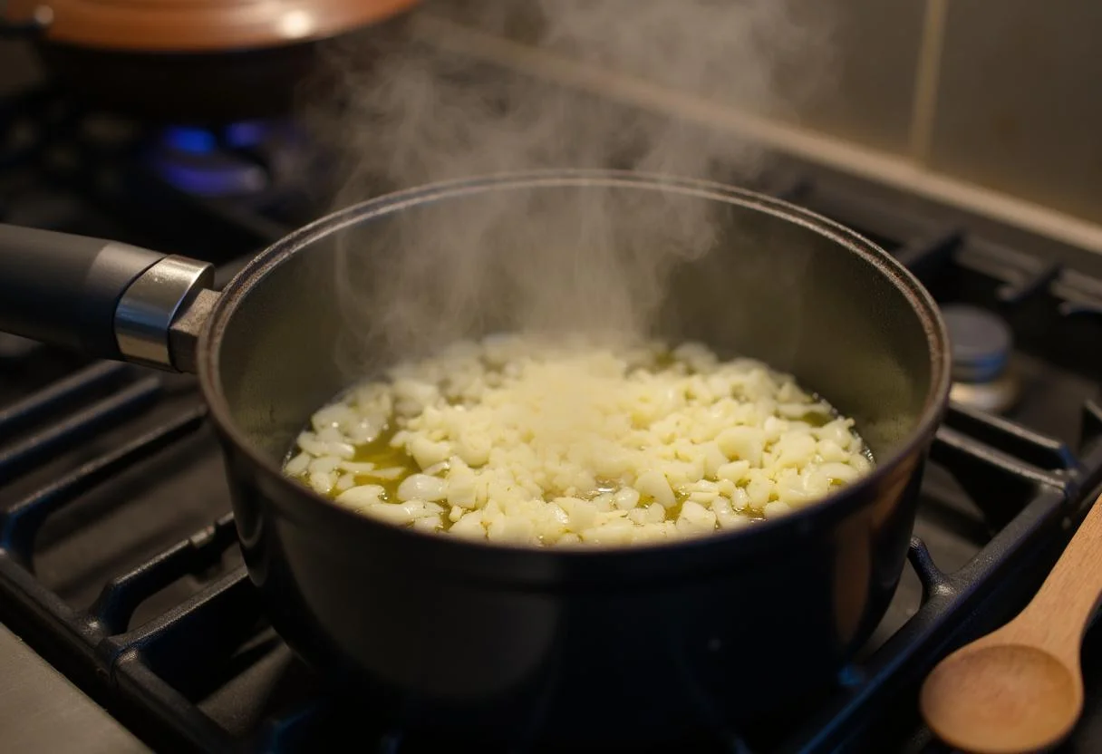 Cooking diced onions and garlic for The Hobbit Goblin-Town Goulash, creating a flavorful aroma in the kitchen.