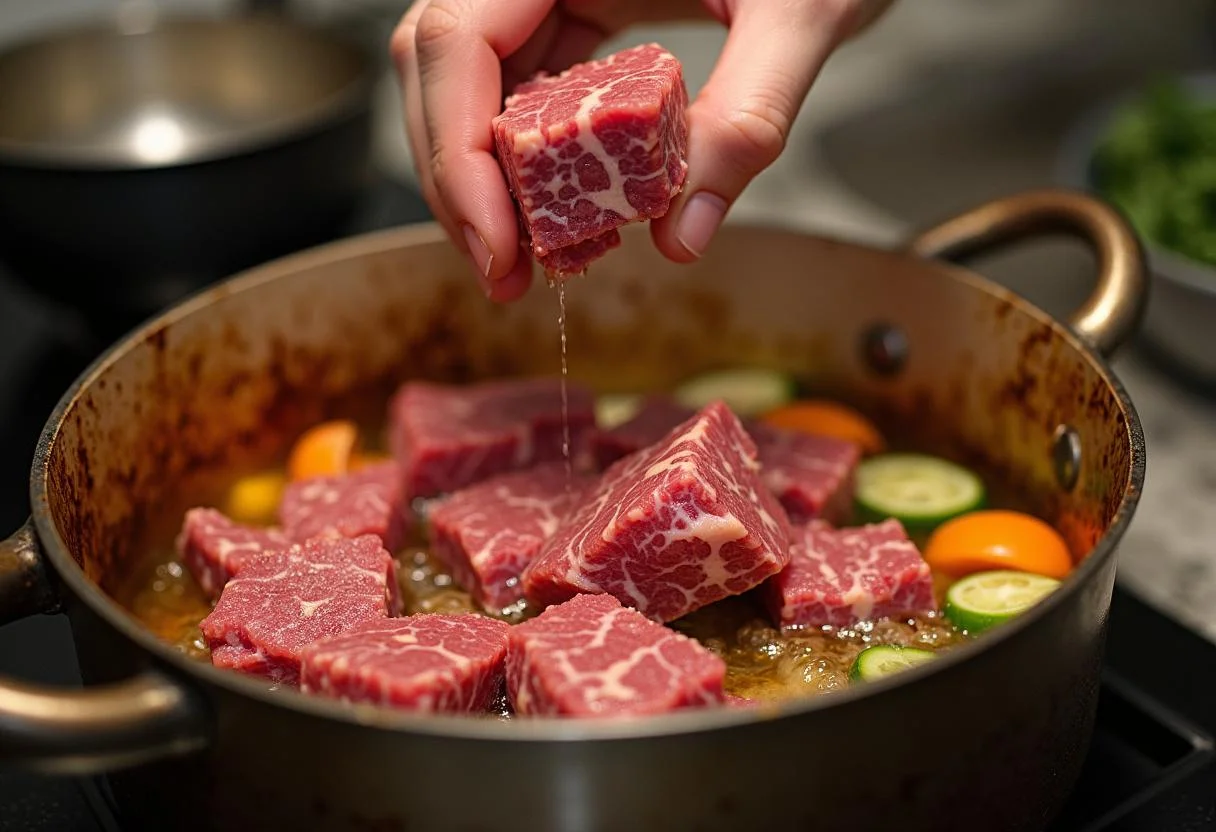Adding browned beef to the pot for The Hobbit Goblin-Town Goulash, enhancing the dish with rich flavors and textures.
