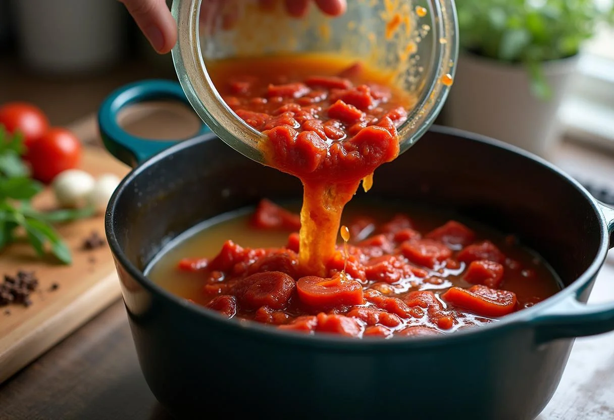 Combining ingredients in The Hobbit Goblin-Town Goulash, as rich beef broth and crushed tomatoes bring the dish to life.