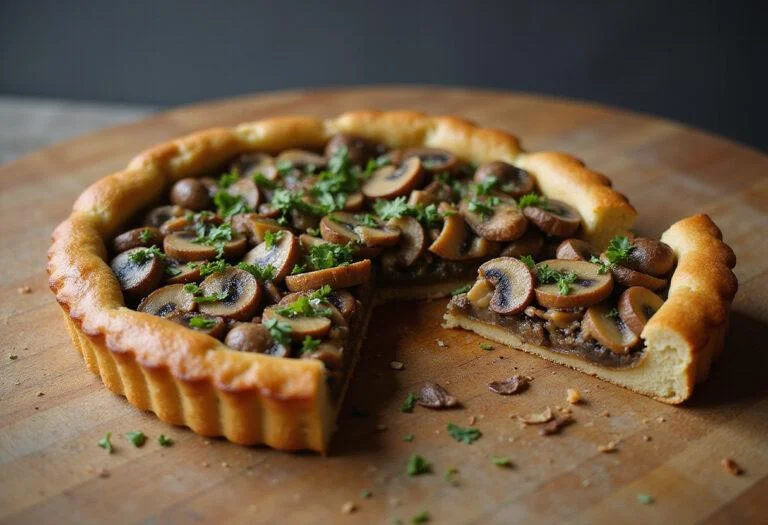 The Hobbit Mirkwood Mushroom Tart displayed on a rustic wooden table, emphasizing its rich filling and golden crust, perfect for a fantasy-themed gathering.