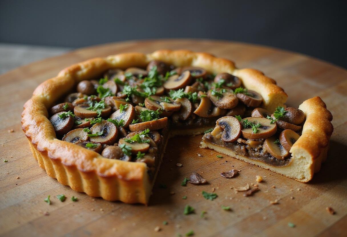 The Hobbit Mirkwood Mushroom Tart displayed on a rustic wooden table, emphasizing its rich filling and golden crust, perfect for a fantasy-themed gathering.