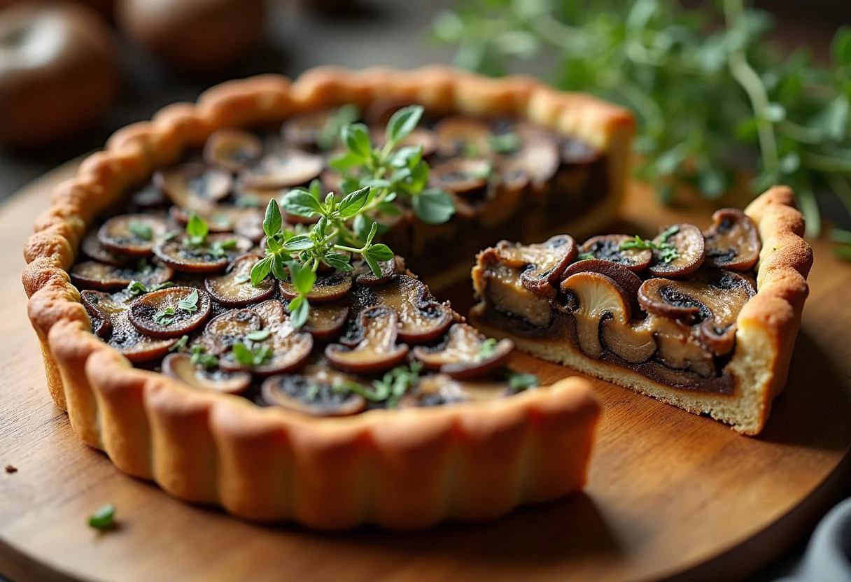 The Hobbit Mirkwood Mushroom Tart displayed on a rustic wooden table, emphasizing its rich filling and golden crust, perfect for a fantasy-themed gathering.