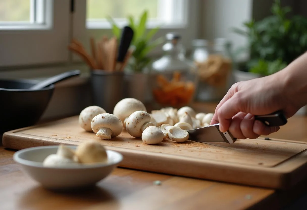 Sliced mushrooms on a cutting board, preparing for The Hobbit Mirkwood Mushroom Tart, showcasing fresh ingredients and a cozy kitchen environment.