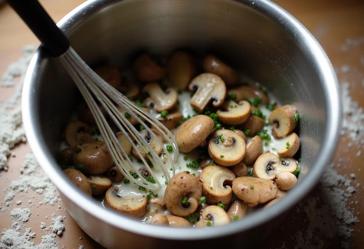 Preparation of the filling for The Hobbit Mirkwood Mushroom Tart, featuring sautéed mushrooms mixed with cream and herbs in a rustic kitchen setting.