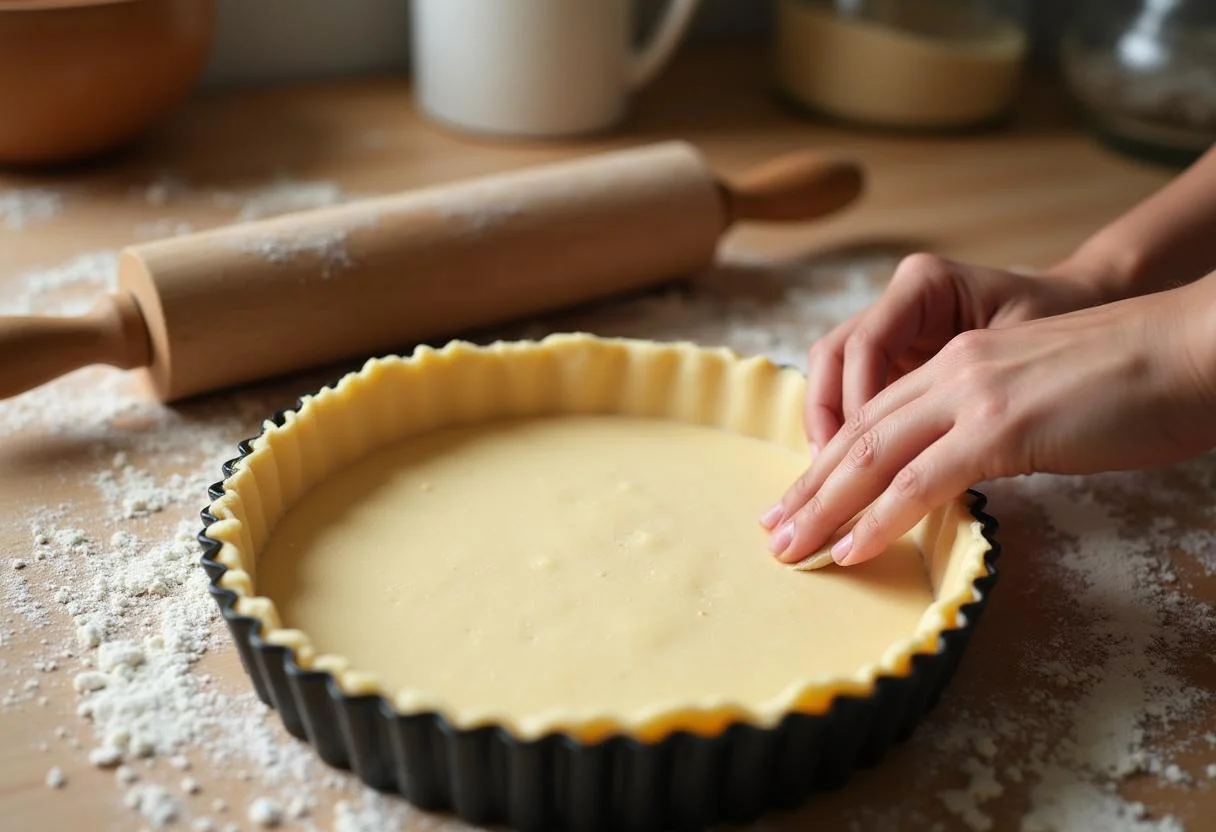 Creating the crust for The Hobbit Mirkwood Mushroom Tart, highlighting the delicate pastry work and traditional baking techniques in a homely kitchen.
