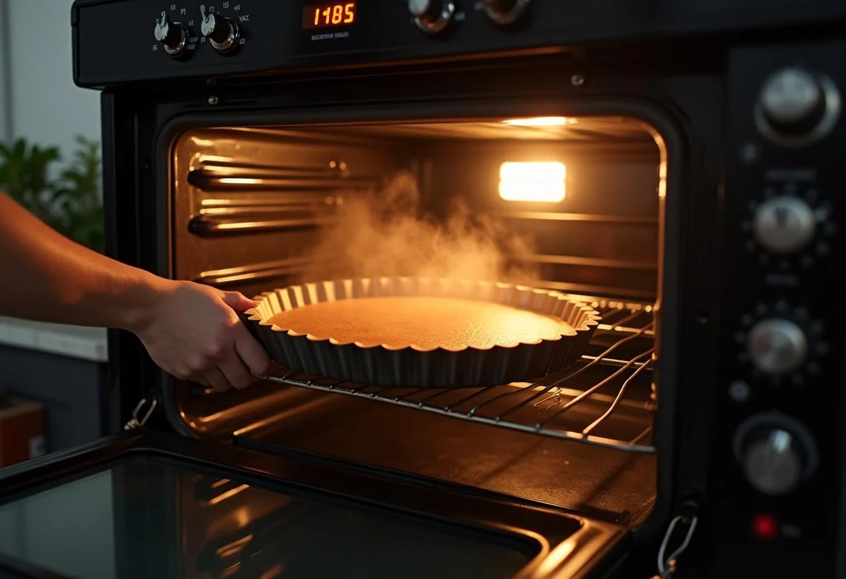 Baking the dough for The Hobbit Mirkwood Mushroom Tart, featuring a tart entering the oven, evoking the warmth and comfort of home-cooked meals.