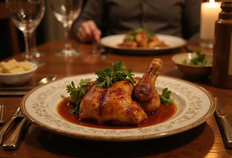 Final presentation of The Hobbit Smaug's Golden Glazed Chicken on a beautifully set table.