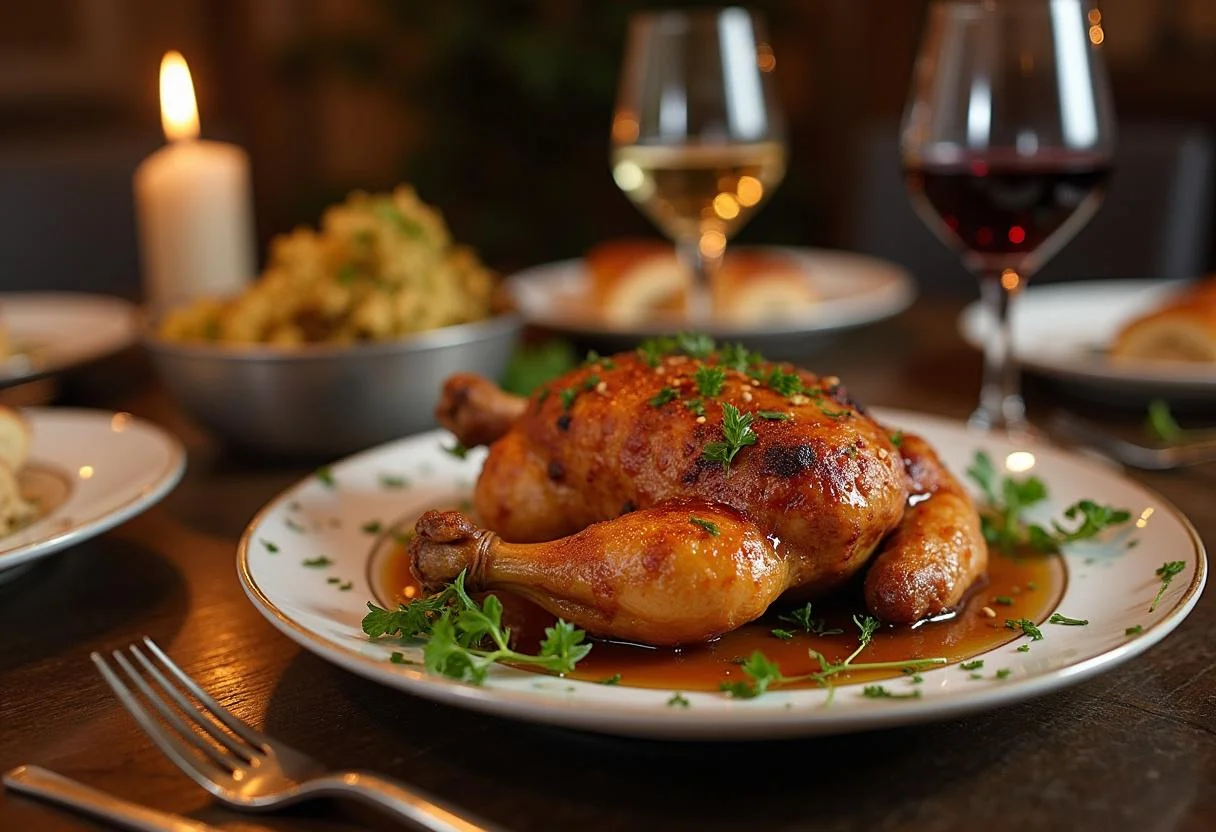 Final presentation of The Hobbit Smaug's Golden Glazed Chicken on a beautifully set table.