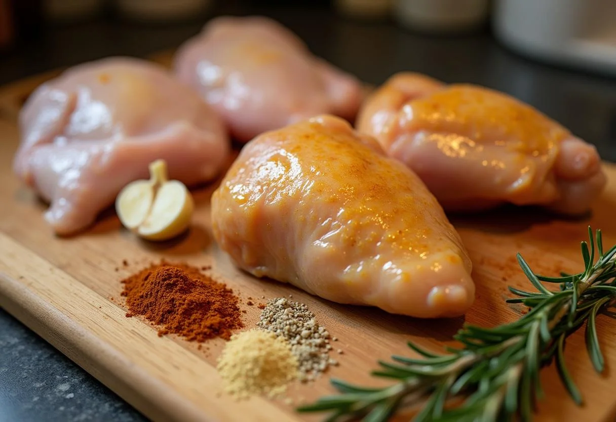 Fresh chicken pieces and spices on a cutting board for The Hobbit Smaug's Golden Glazed Chicken preparation.