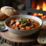 Delicious bowl of The Hunger Games Jennifer Lawrence's Survival Stew garnished with herbs, served alongside crusty bread in a rustic setting.
