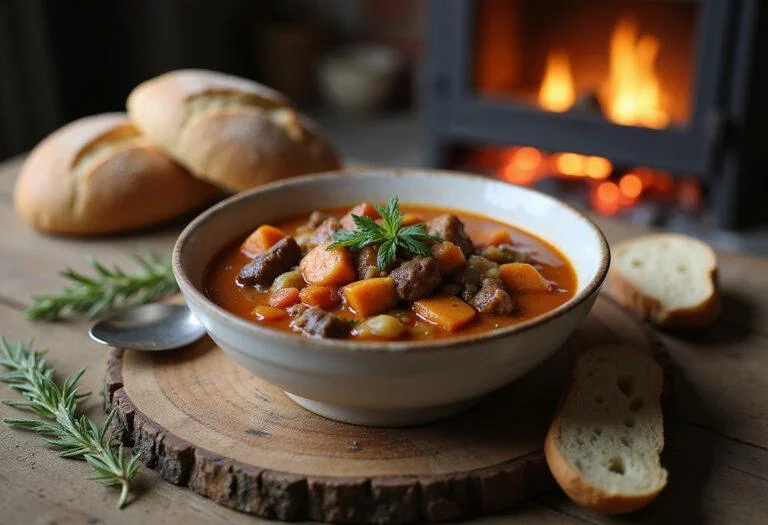 Delicious bowl of The Hunger Games Jennifer Lawrence's Survival Stew garnished with herbs, served alongside crusty bread in a rustic setting.