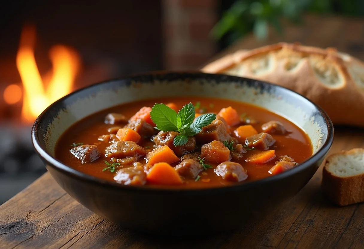 Delicious bowl of The Hunger Games Jennifer Lawrence's Survival Stew garnished with herbs, served alongside crusty bread in a rustic setting.