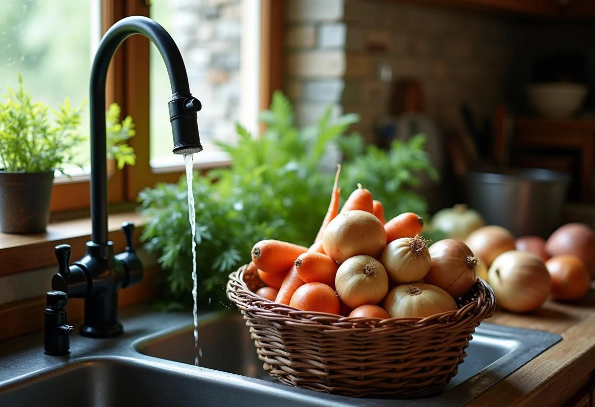 Fresh vegetables for The Hunger Games Jennifer Lawrence's Survival Stew: potatoes, carrots, and onions being washed in a rustic kitchen.