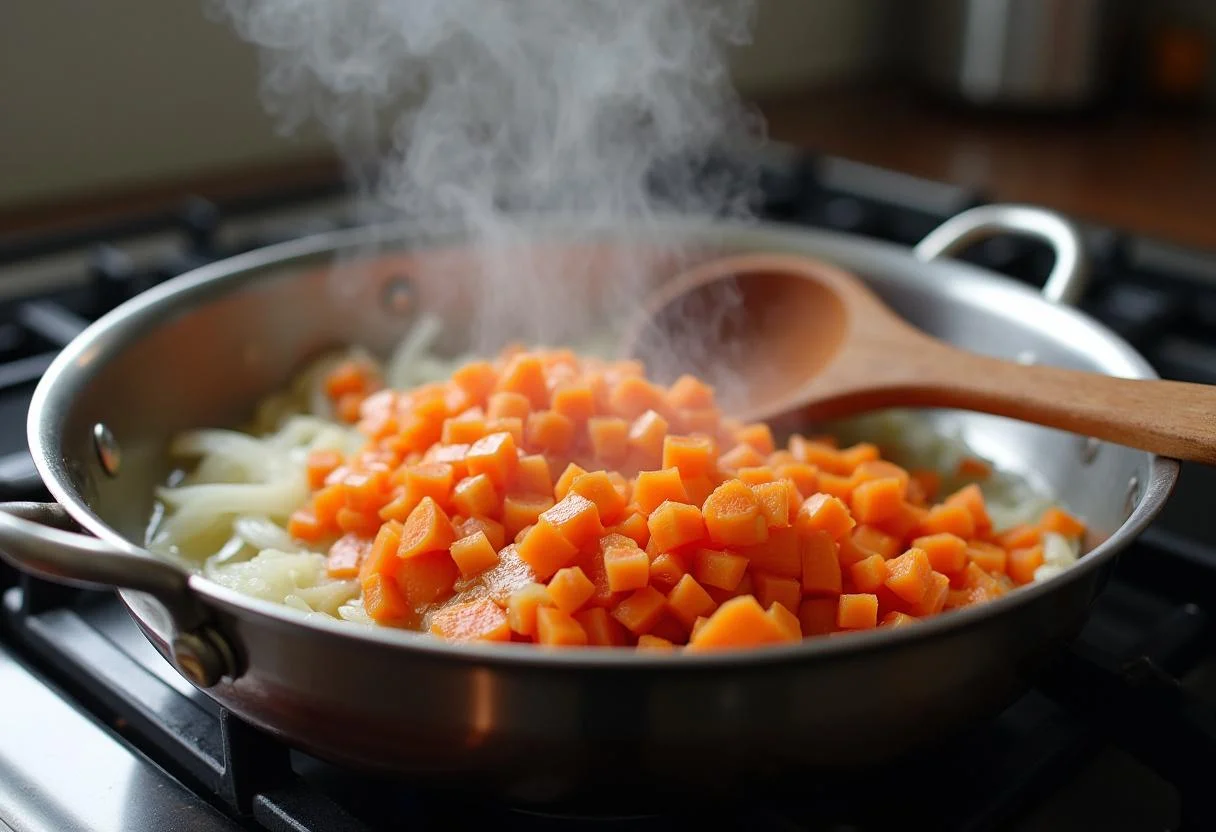 Sautéing onions and carrots for The Hunger Games Jennifer Lawrence's Survival Stew, with steam rising in a cozy kitchen setting.