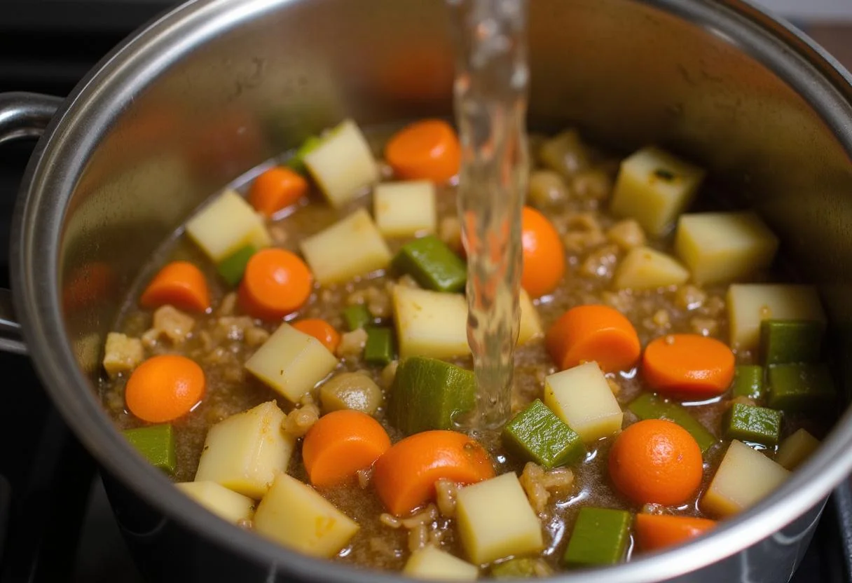 Preparing the base of The Hunger Games Jennifer Lawrence's Survival Stew by adding diced potatoes and water to sautéed vegetables in a large pot.