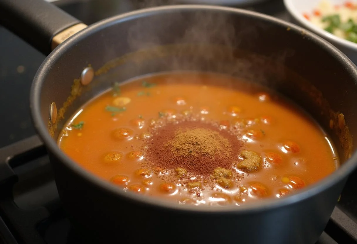 Simmering pot of The Hunger Games Jennifer Lawrence's Survival Stew on the stove, with spices and herbs enhancing the aroma.