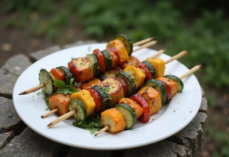 Final presentation of The Huntsman Chris Hemsworth's Forest Forager's Veggie Skewers, showcasing a mouthwatering display of grilled vegetable skewers.