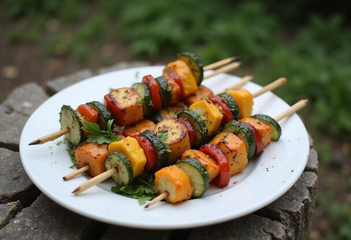 Final presentation of The Huntsman Chris Hemsworth's Forest Forager's Veggie Skewers, showcasing a mouthwatering display of grilled vegetable skewers.