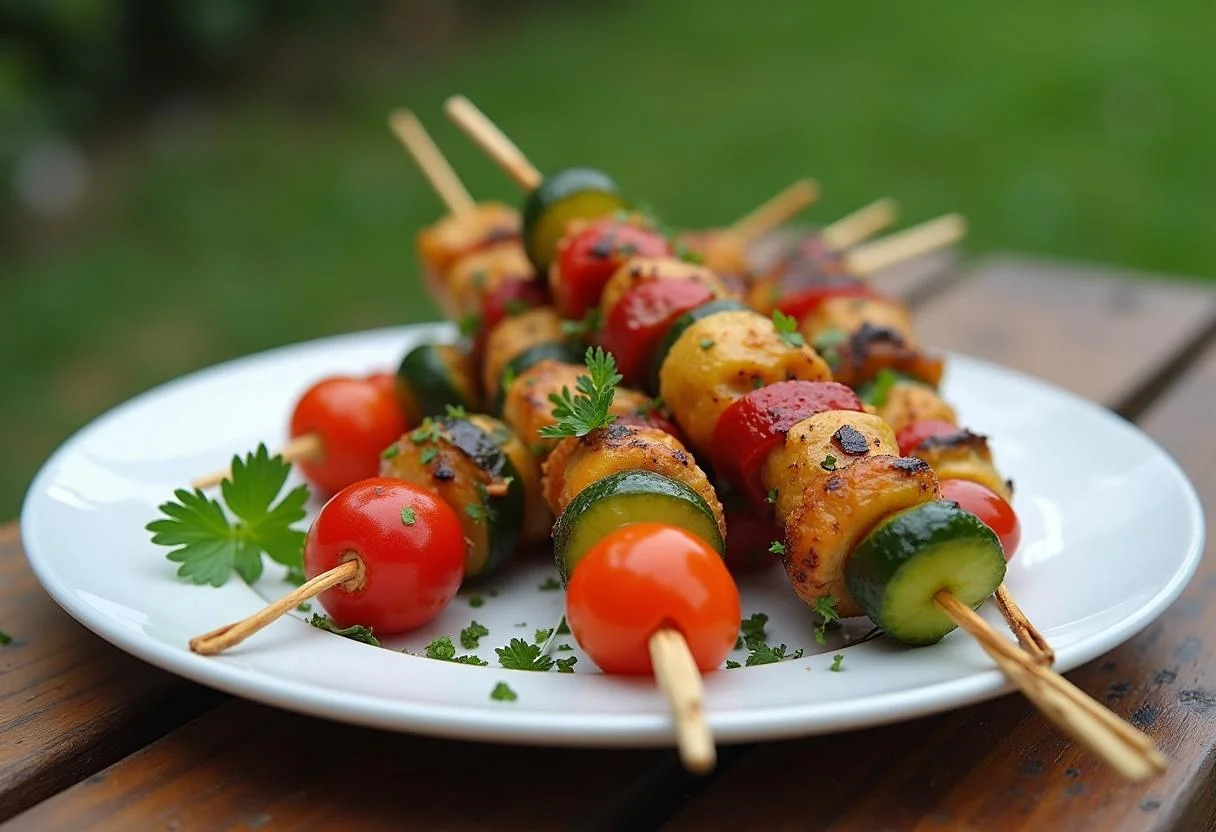 Final presentation of The Huntsman Chris Hemsworth's Forest Forager's Veggie Skewers, showcasing a mouthwatering display of grilled vegetable skewers.