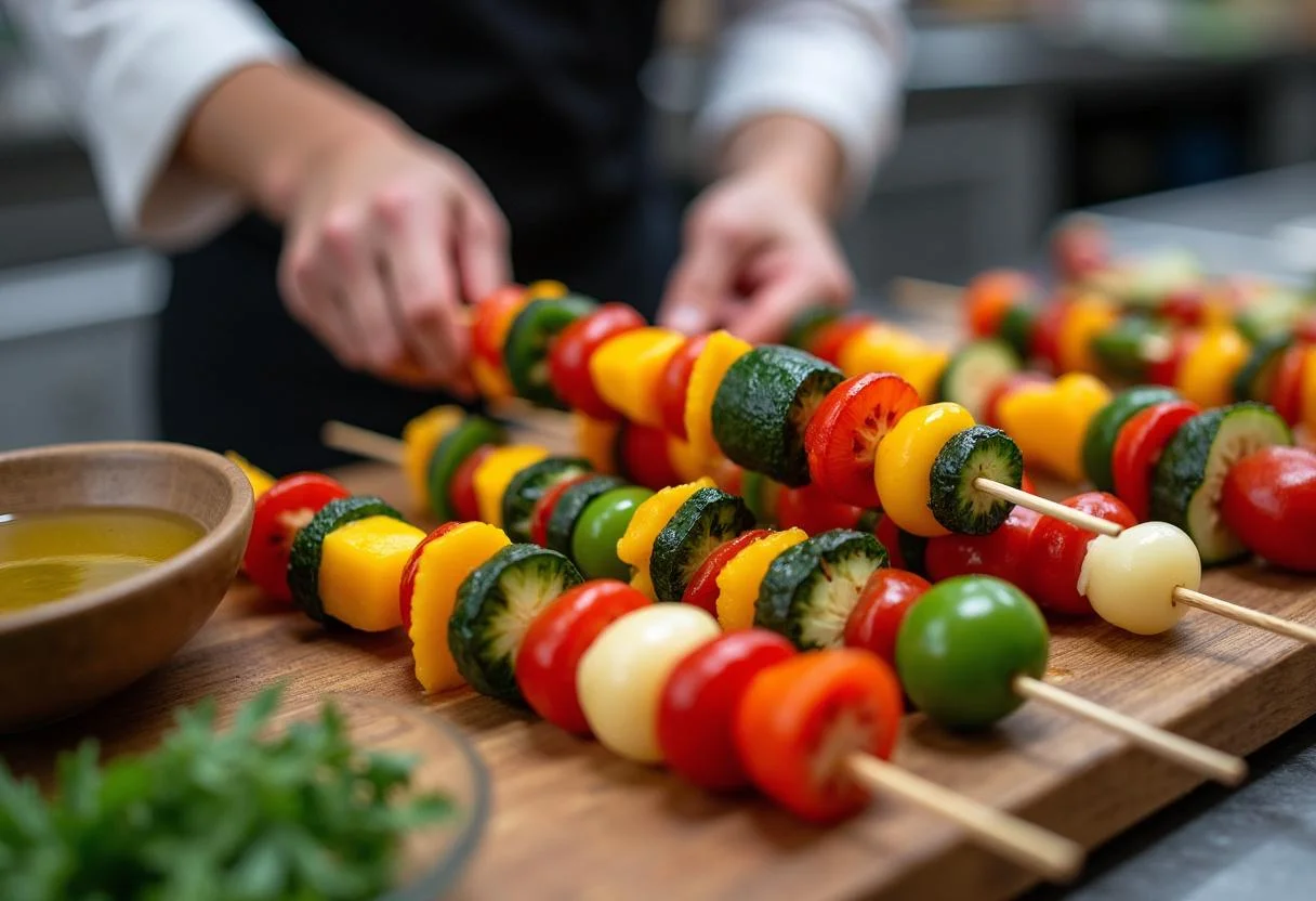 Skewered veggies for The Huntsman Chris Hemsworth's Forest Forager's Veggie Skewers, displaying the preparation of vibrant vegetable skewers.