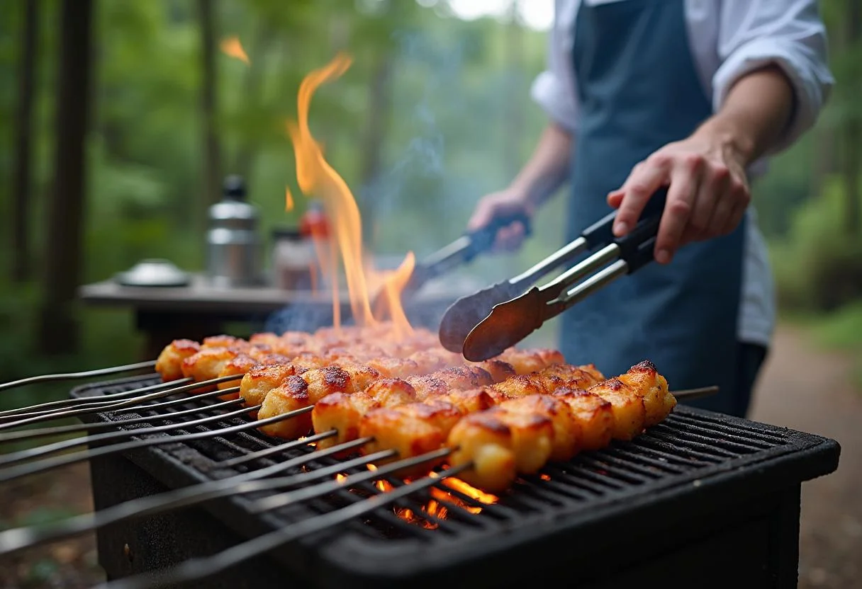 Veggie skewers grilling on an outdoor grill for The Huntsman Chris Hemsworth's Forest Forager's Veggie Skewers, capturing the essence of outdoor cooking.