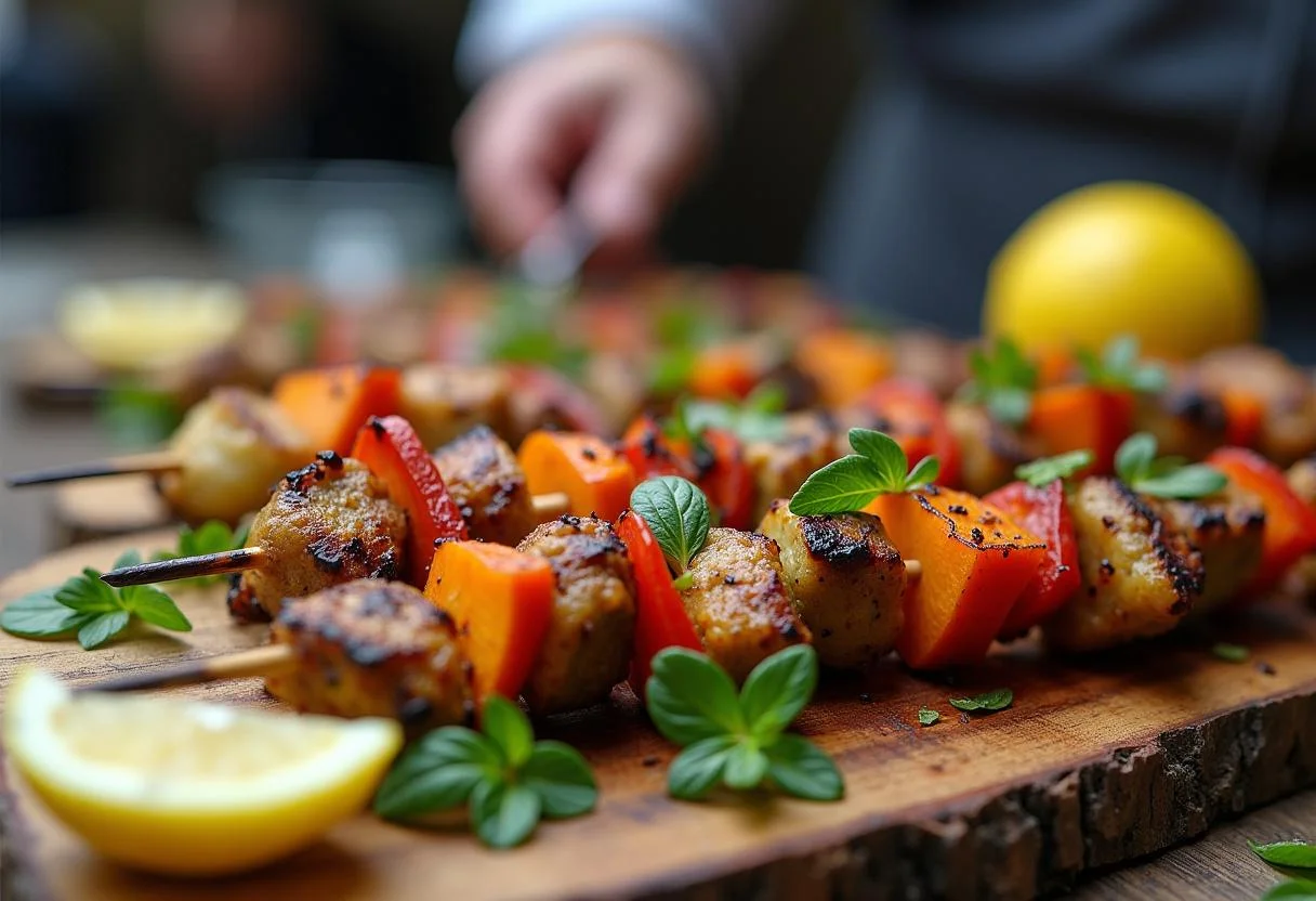 Plated grilled veggie skewers for The Huntsman Chris Hemsworth's Forest Forager's Veggie Skewers, highlighting the beautiful presentation of this dish.
