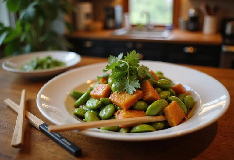 Perfectly plated edamame stir-fry, delighting the eyes and palate, inspired by The Intern Anne Hathaway's Entrepreneurial Edamame Stir-fry.