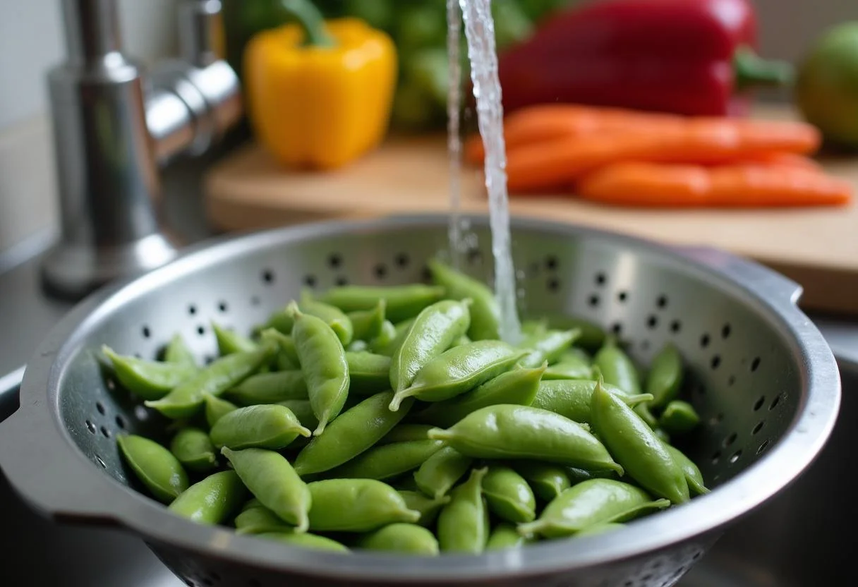 Fresh edamame being rinsed, perfect for The Intern Anne Hathaway's Entrepreneurial Edamame Stir-fry.