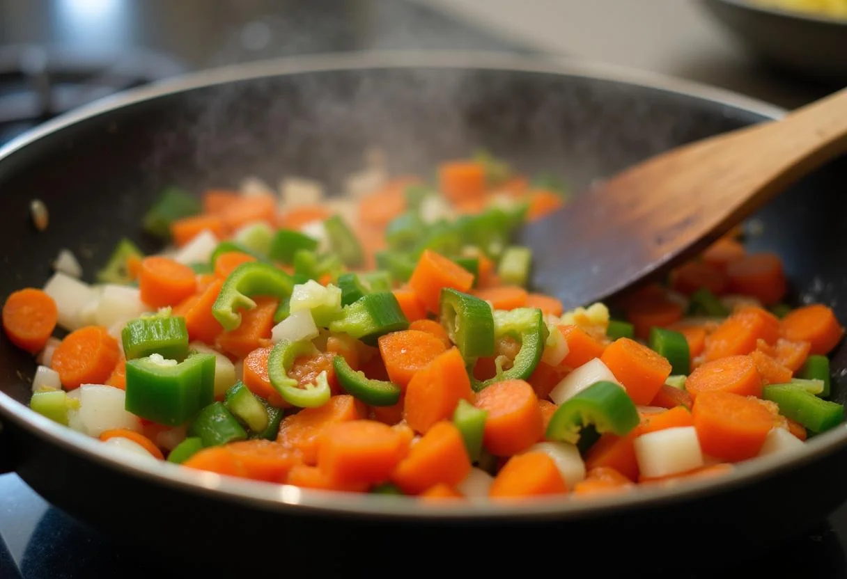 Colorful vegetables sautéing, an essential step in making The Intern Anne Hathaway's Entrepreneurial Edamame Stir-fry.