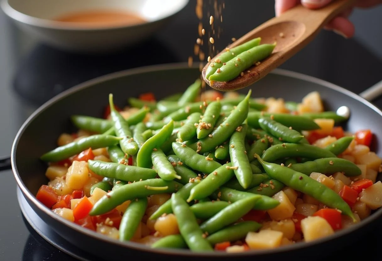 Cooked edamame being mixed with sautéed vegetables, a key part of The Intern Anne Hathaway's Entrepreneurial Edamame Stir-fry.