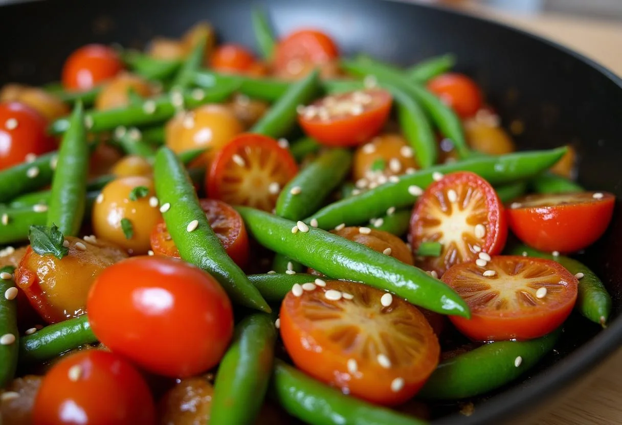 Delicious final stir-fry ready to serve, the ultimate result of The Intern Anne Hathaway's Entrepreneurial Edamame Stir-fry.