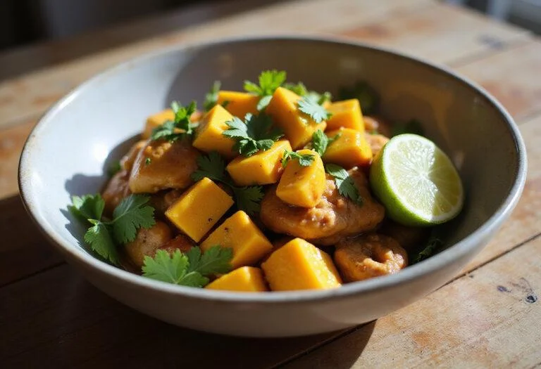 Deliciously presented Mufasa's Mighty Mango Chicken highlighting the vibrant flavors and colors, perfect for a family meal inspired by The Lion King.
