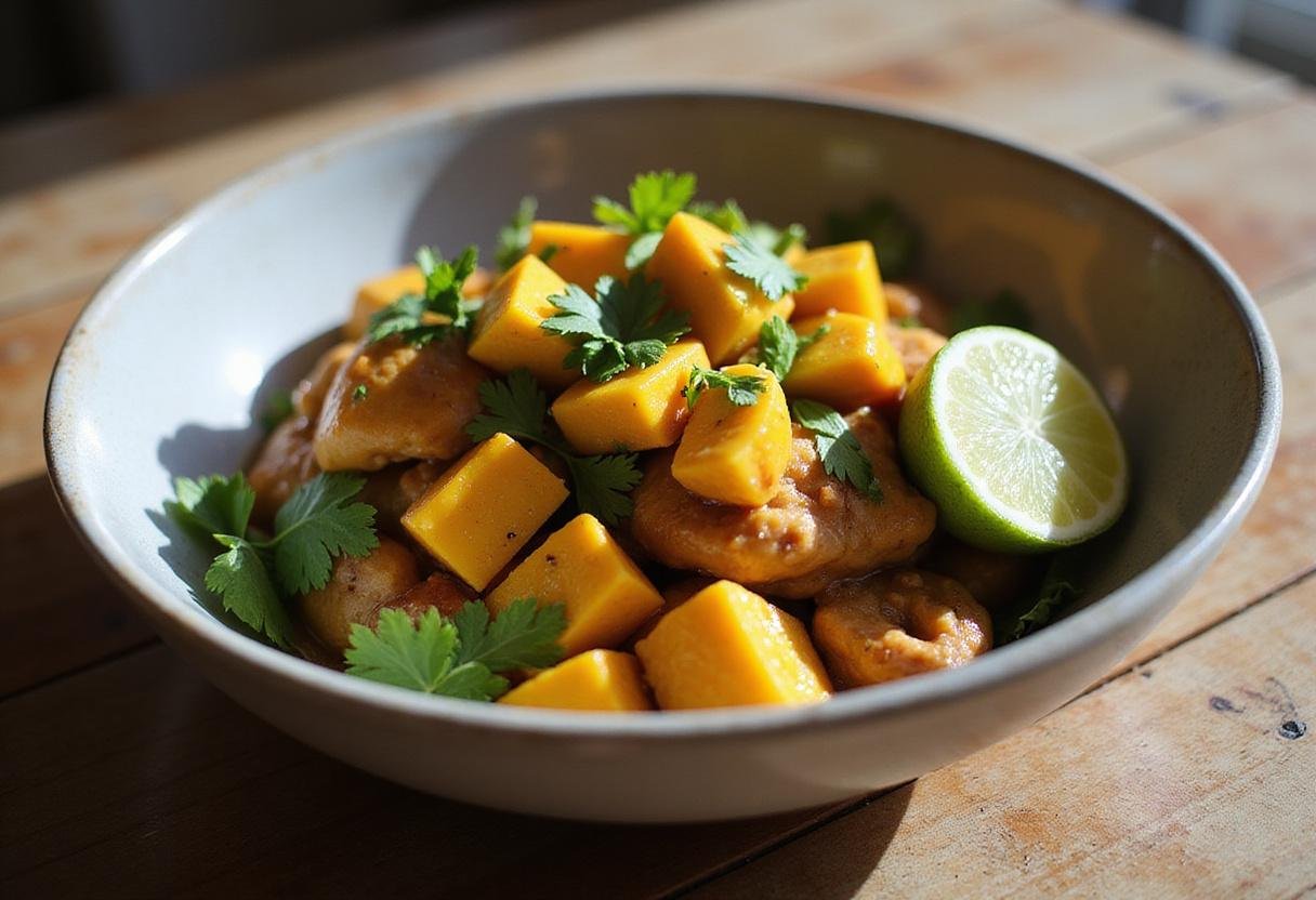 Deliciously presented Mufasa's Mighty Mango Chicken highlighting the vibrant flavors and colors, perfect for a family meal inspired by The Lion King.