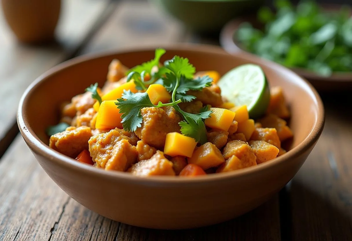 Deliciously presented Mufasa's Mighty Mango Chicken highlighting the vibrant flavors and colors, perfect for a family meal inspired by The Lion King.