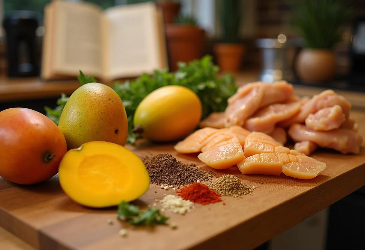 Fresh ingredients for the Lion King Mufasa's Mighty Mango Chicken including mangoes and chicken displayed in a cozy kitchen.