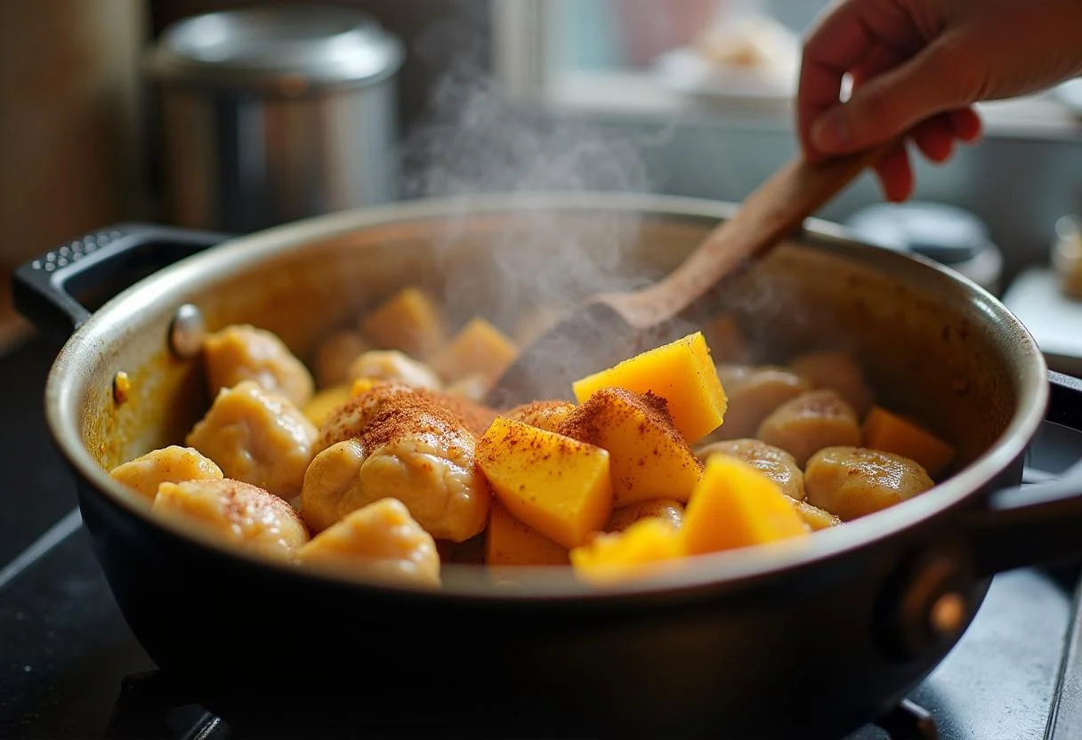 Cooking the chicken for Mufasa's Mighty Mango Chicken in a pot, with spices and mangoes creating a flavorful blend on the stovetop.