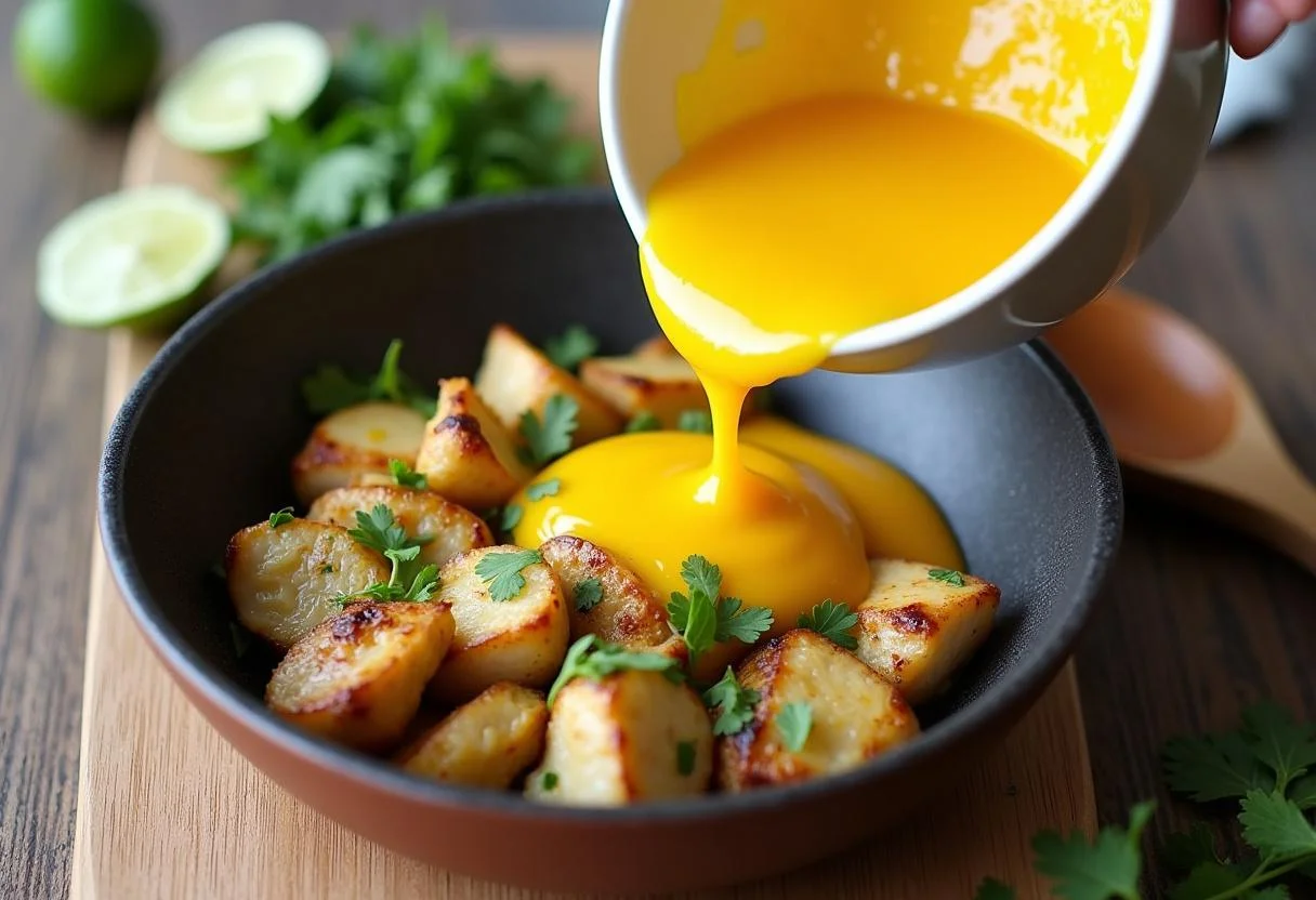 Preparing the mango sauce and garnishing for Lion King Mufasa's Mighty Mango Chicken on a cutting board with fresh herbs.
