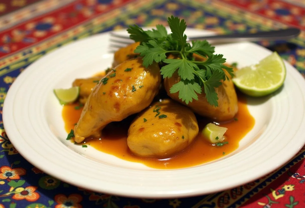 Beautifully plated Lion King Mufasa's Mighty Mango Chicken garnished and ready for serving on a vibrant dinner table.