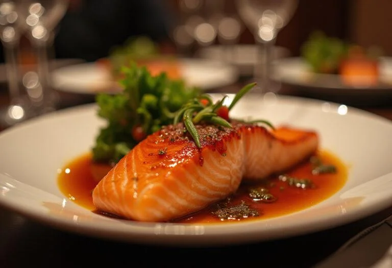 Deliciously plated Nectarine Glazed Salmon from The Lion King Nala's recipe, highlighting the glossy finish and vibrant ingredients.