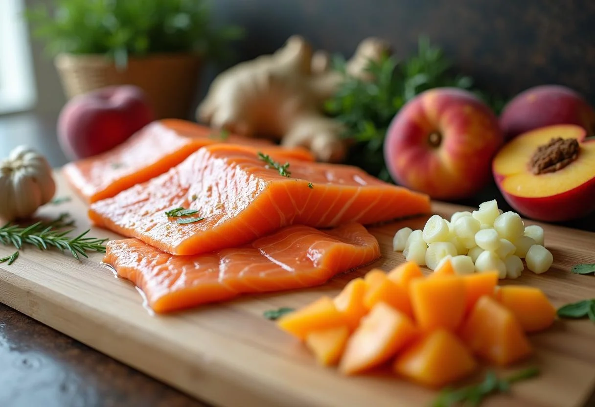 Fresh salmon fillets prepared with nectarines, garlic, and ginger for The Lion King Nala's Nectarine Glazed Salmon recipe.