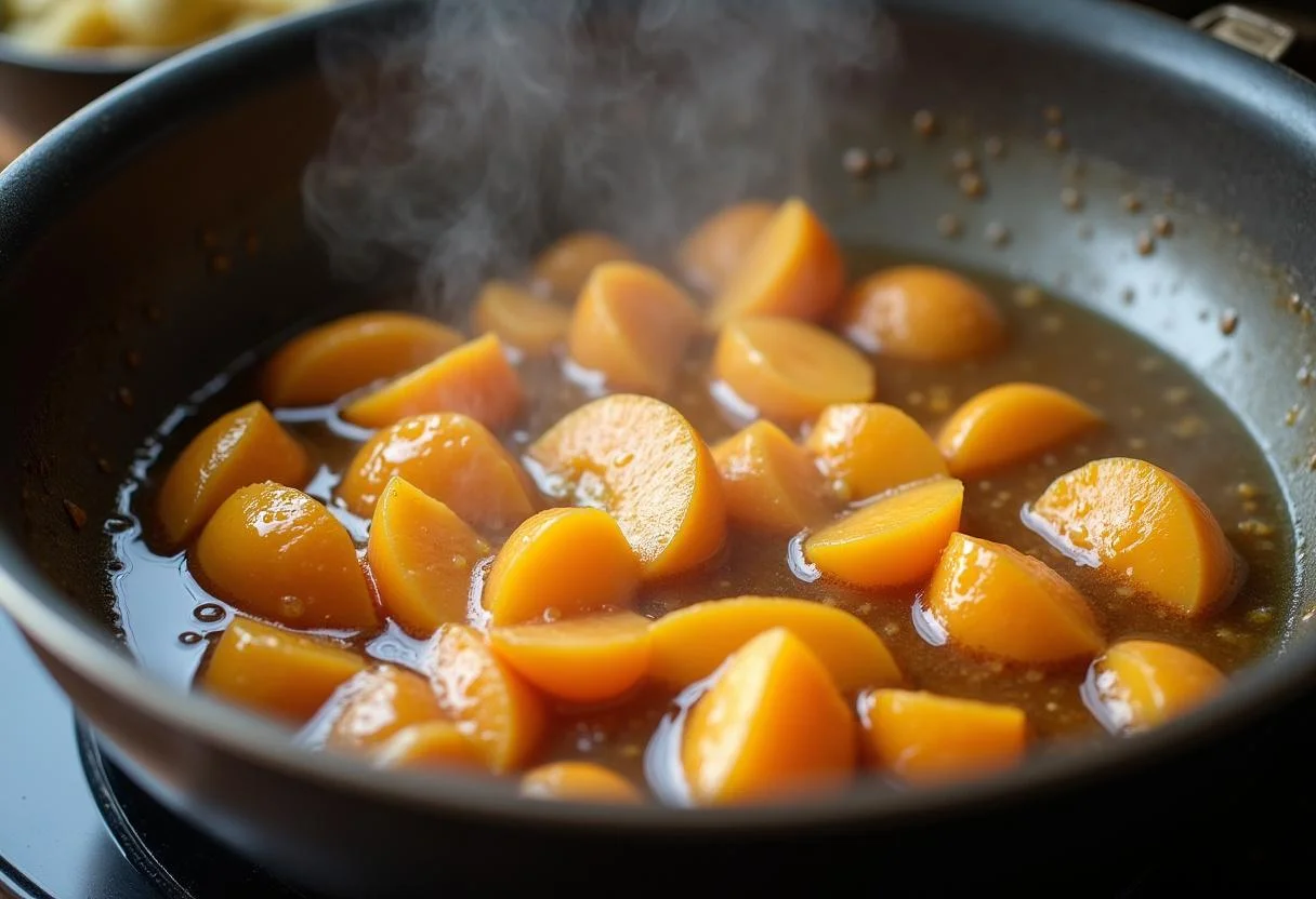 Sautéing nectarines, garlic, and ginger for the glaze of The Lion King Nala's Nectarine Glazed Salmon, creating a flavorful cooking scene.