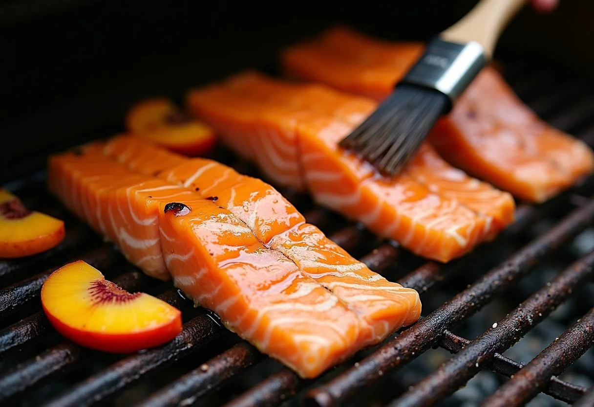 Grilling salmon fillets and brushing them with nectarines glaze in The Lion King Nala's Nectarine Glazed Salmon cooking process.