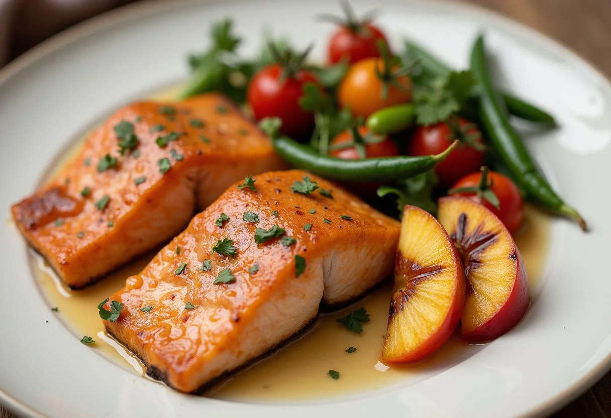 Plated The Lion King Nala's Nectarine Glazed Salmon with roasted vegetables and grilled nectarines for a colorful presentation.