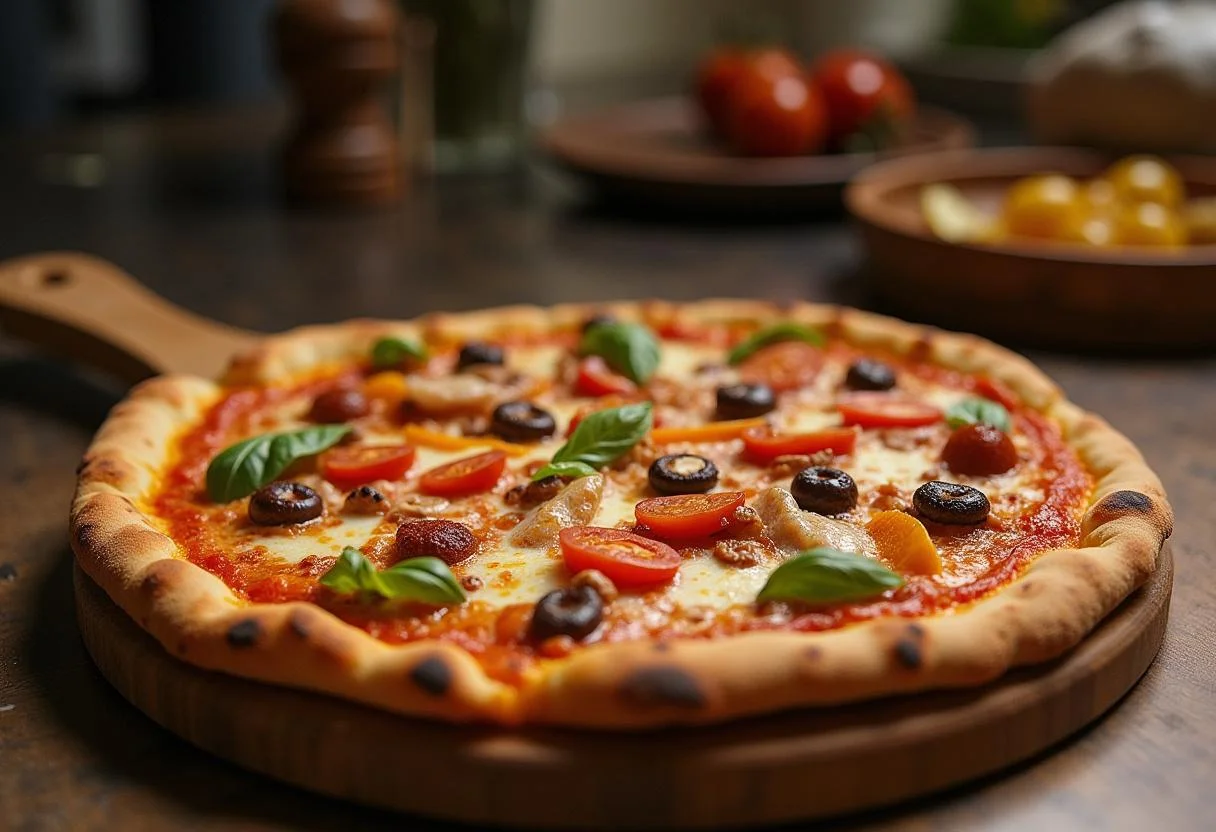 The Lion King Pride Rock Pizza displayed on a wooden board, showcasing a delicious and colorful array of toppings perfect for any pizza party.