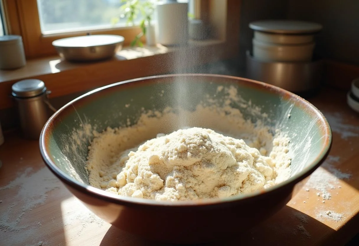 Mixing ingredients to create the dough for The Lion King Pride Rock Pizza with flour, yeast, water, and salt.