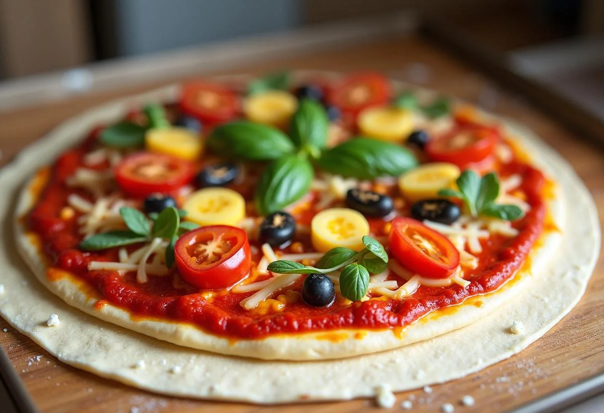Shaping the pizza base for The Lion King Pride Rock Pizza, generously adding tomato sauce and fresh toppings.