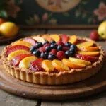 The completed The Lion King Rafiki's Circle of Life Fruit Tart displayed on a table, showcasing its colorful design and inviting appearance.