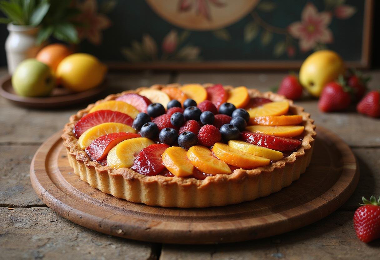 The completed The Lion King Rafiki's Circle of Life Fruit Tart displayed on a table, showcasing its colorful design and inviting appearance.