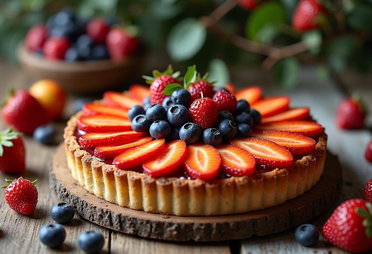 The completed The Lion King Rafiki's Circle of Life Fruit Tart displayed on a table, showcasing its colorful design and inviting appearance.
