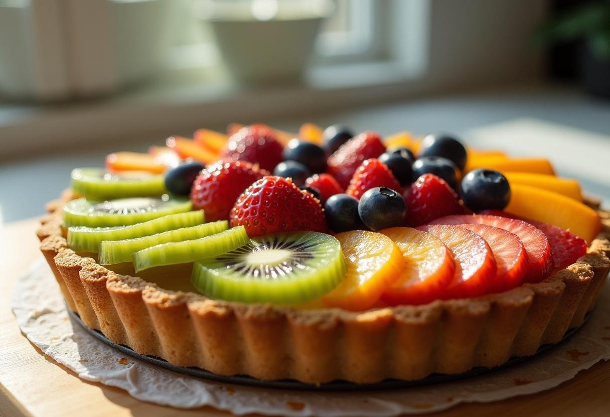 Creating The Lion King Rafiki's Circle of Life Fruit Tart with fresh fruits like kiwis and strawberries, showcasing vibrant colors.